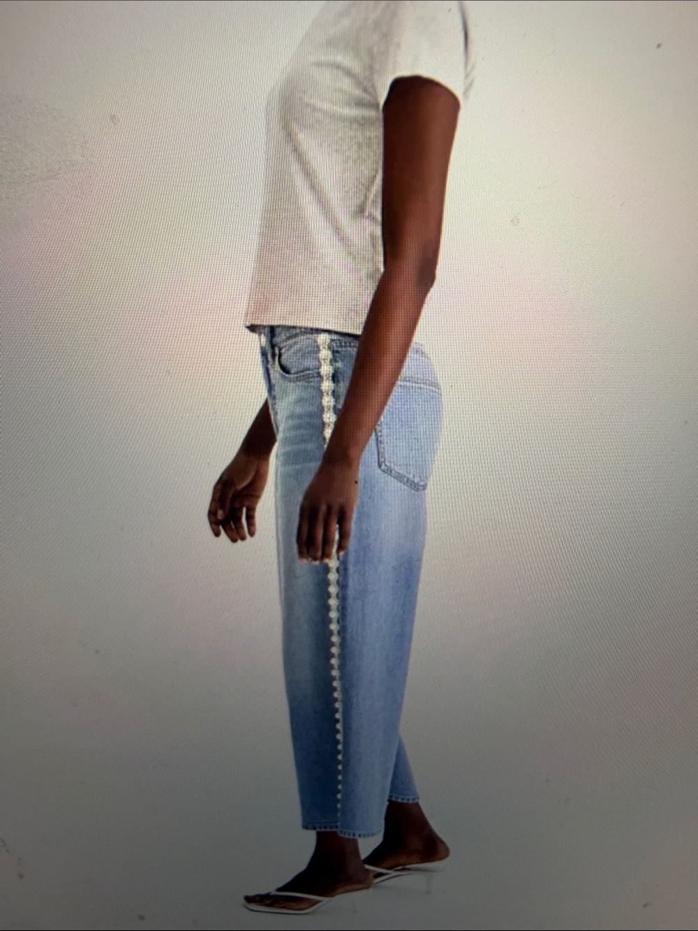 Light Blue Women's Cropped Jeans with Side Faux-Pearl-Trim